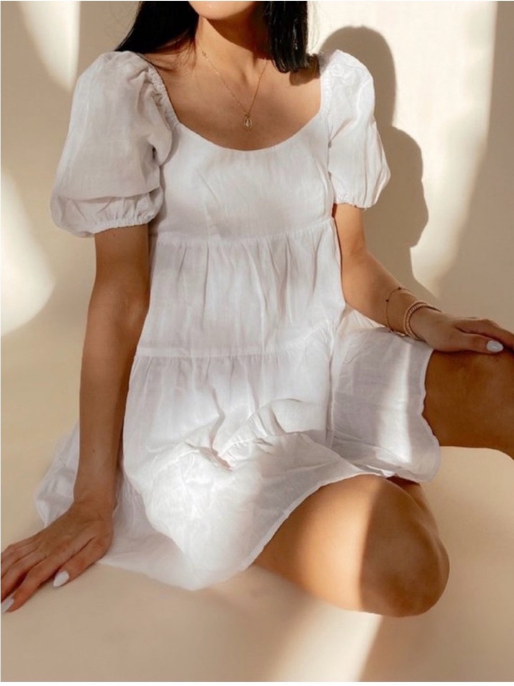 NIA | Silvana Babydoll Mini Dress Puff Sleeves Ramie/Cotton Medium White